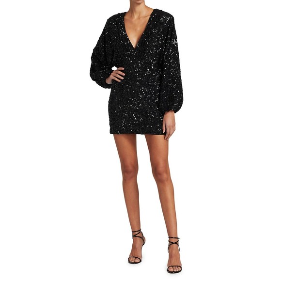 Retrofete Aubrielle Sequin Mini Dress L Black Chiffon Puff Sleeve Party Prom NWT - Picture 7 of 10